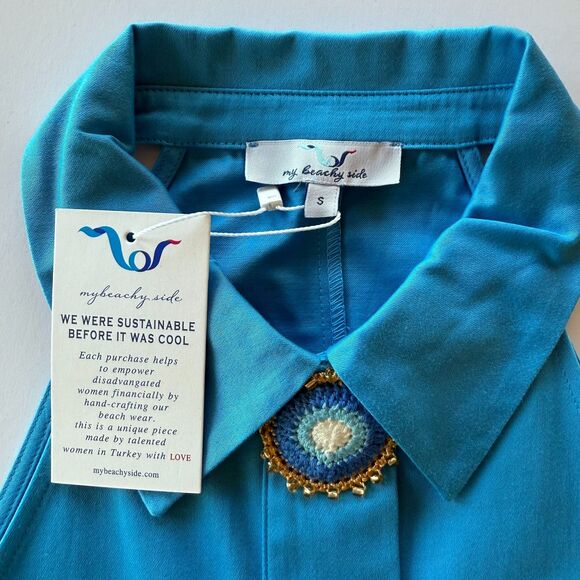 NWT My Beachy Side Amber Hand Crochet Buttons Halter Mini Dress in Blue Sz Small - Picture 12 of 16